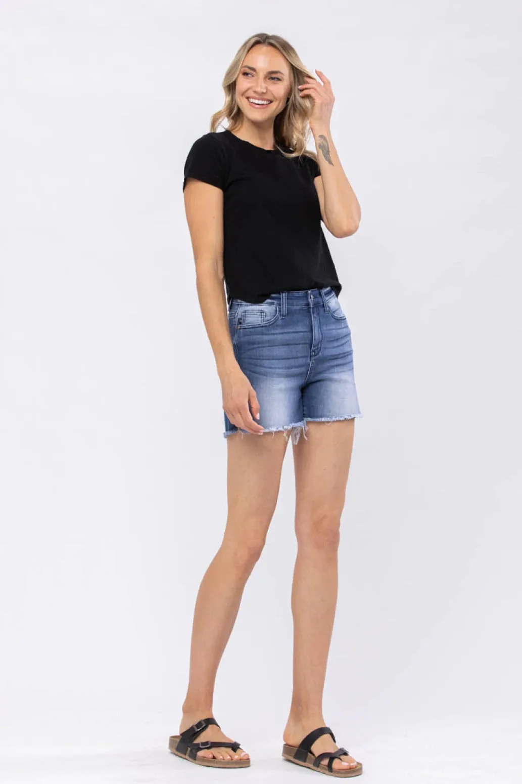 15228   Marcelyne Mid-Rise Side Slit Cut-Off Judy Blue Jean Shorts