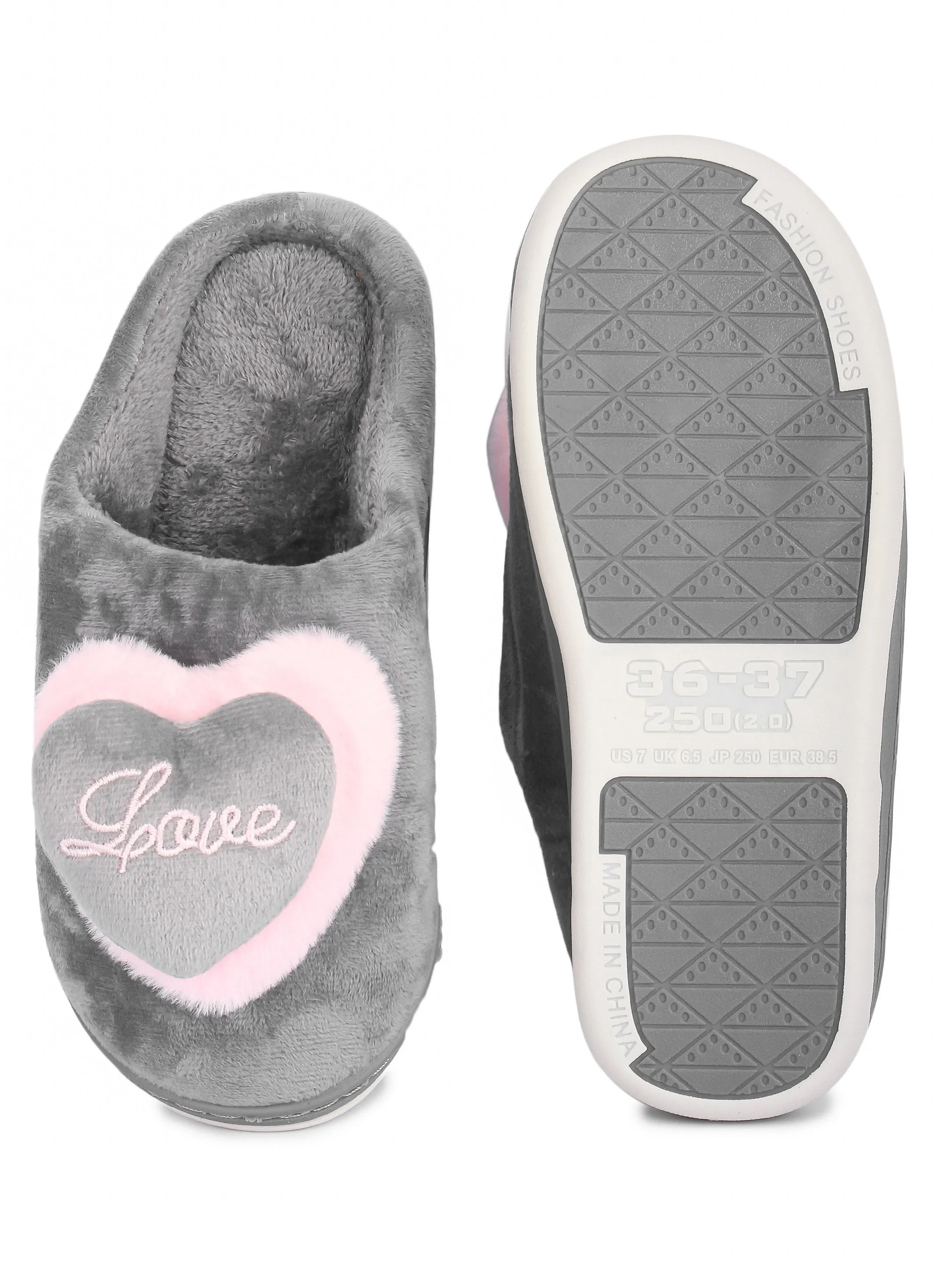 Brauch Women's Grey Love Heart Fur Winter Slippers
