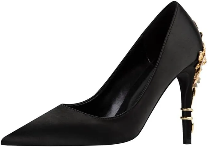 ChaiRong Zhou Women's Sexy High Heels Fashion Metal Flower Stiletto Heel Wedding Shoes Satin Pointed Toe Dress Evening Pumps