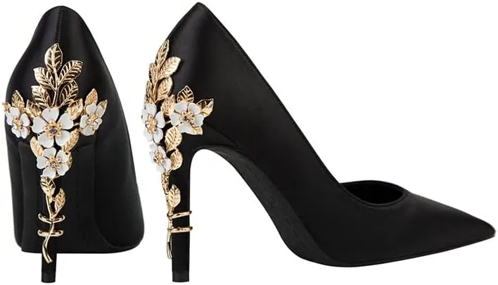 ChaiRong Zhou Women's Sexy High Heels Fashion Metal Flower Stiletto Heel Wedding Shoes Satin Pointed Toe Dress Evening Pumps