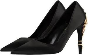 ChaiRong Zhou Women's Sexy High Heels Fashion Metal Flower Stiletto Heel Wedding Shoes Satin Pointed Toe Dress Evening Pumps