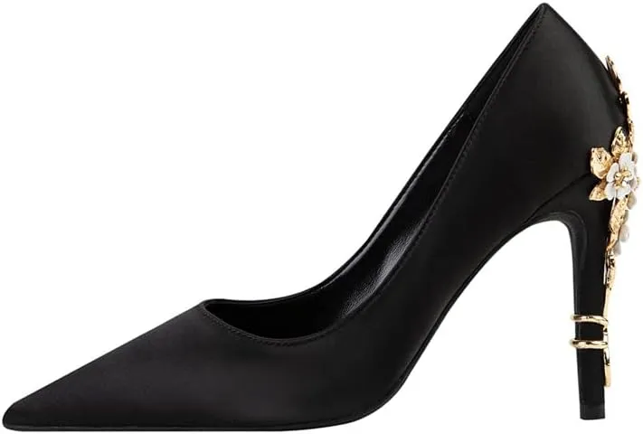 ChaiRong Zhou Women's Sexy High Heels Fashion Metal Flower Stiletto Heel Wedding Shoes Satin Pointed Toe Dress Evening Pumps
