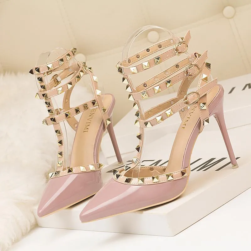 Chicvane Fashion Pointed Toe Stiletto Heel Ankle Strap Sandals Party Bridal Shoes With Rivets