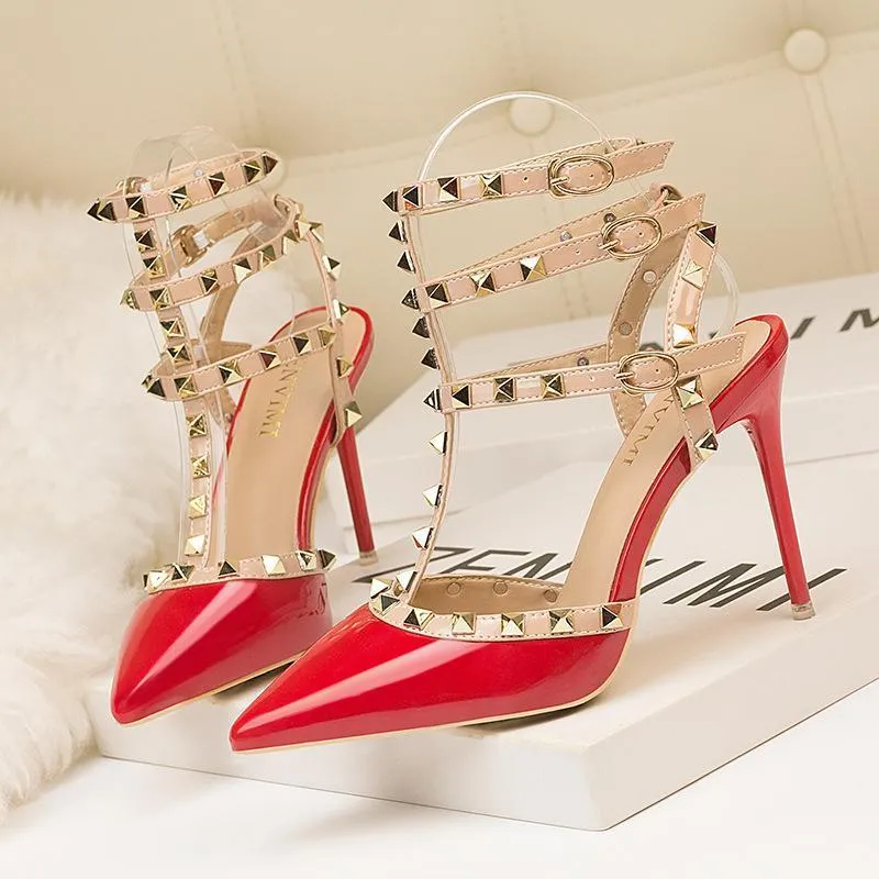 Chicvane Fashion Pointed Toe Stiletto Heel Ankle Strap Sandals Party Bridal Shoes With Rivets