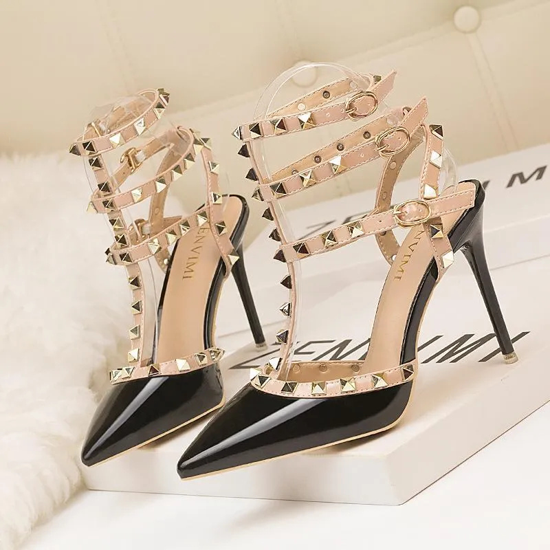 Chicvane Fashion Pointed Toe Stiletto Heel Ankle Strap Sandals Party Bridal Shoes With Rivets