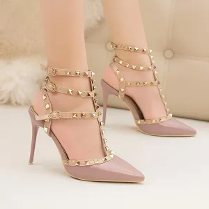 Chicvane Fashion Pointed Toe Stiletto Heel Ankle Strap Sandals Party Bridal Shoes With Rivets