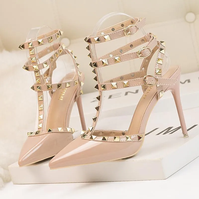 Chicvane Fashion Pointed Toe Stiletto Heel Ankle Strap Sandals Party Bridal Shoes With Rivets