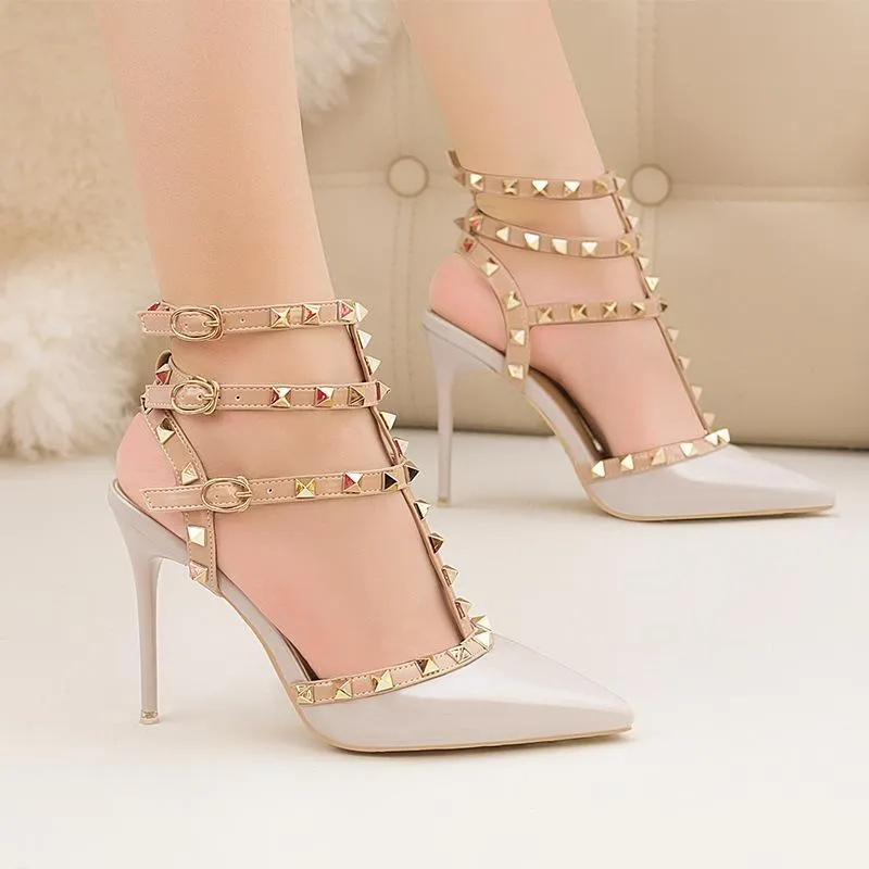 Chicvane Fashion Pointed Toe Stiletto Heel Ankle Strap Sandals Party Bridal Shoes With Rivets