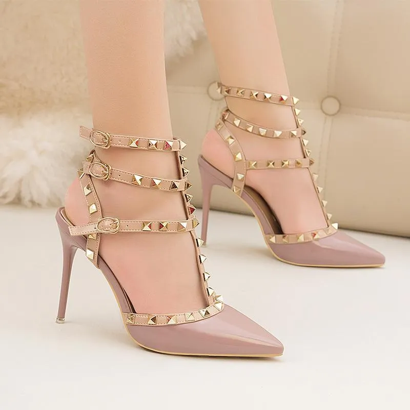 Chicvane Fashion Pointed Toe Stiletto Heel Ankle Strap Sandals Party Bridal Shoes With Rivets