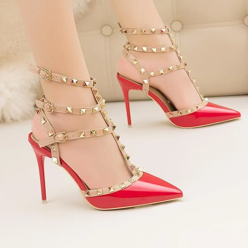 Chicvane Fashion Pointed Toe Stiletto Heel Ankle Strap Sandals Party Bridal Shoes With Rivets
