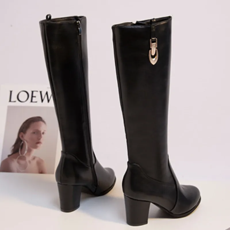 Chicvane Women's Chunky Heel Round Toe Zipper Closure Knee High Boots