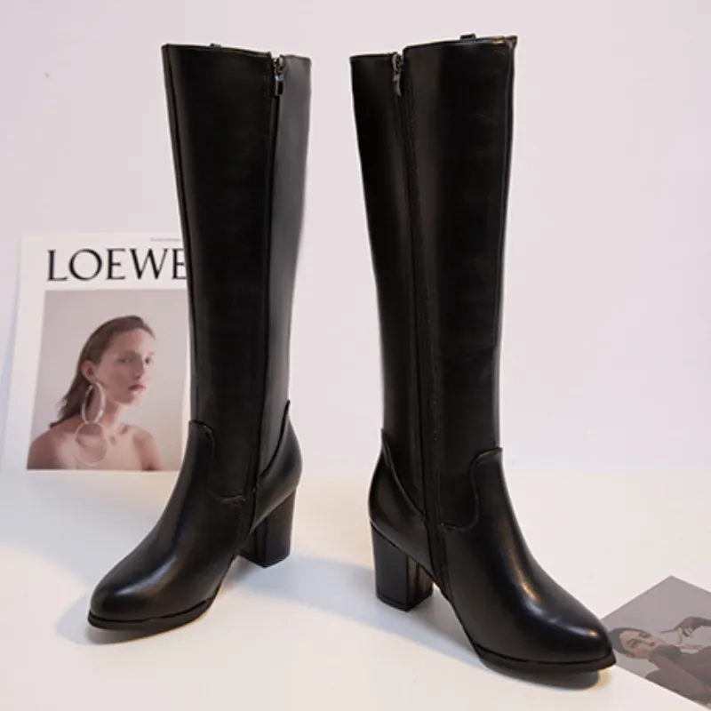 Chicvane Women's Chunky Heel Round Toe Zipper Closure Knee High Boots