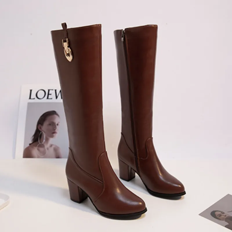 Chicvane Women's Chunky Heel Round Toe Zipper Closure Knee High Boots
