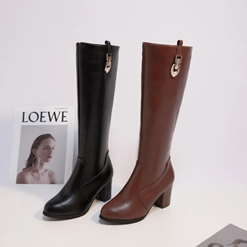 Chicvane Women's Chunky Heel Round Toe Zipper Closure Knee High Boots