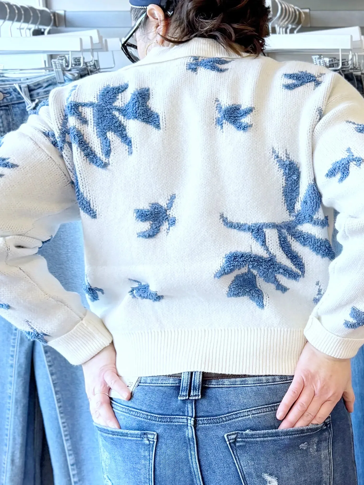 Collared Pullover Floral Sweater White and Blue
