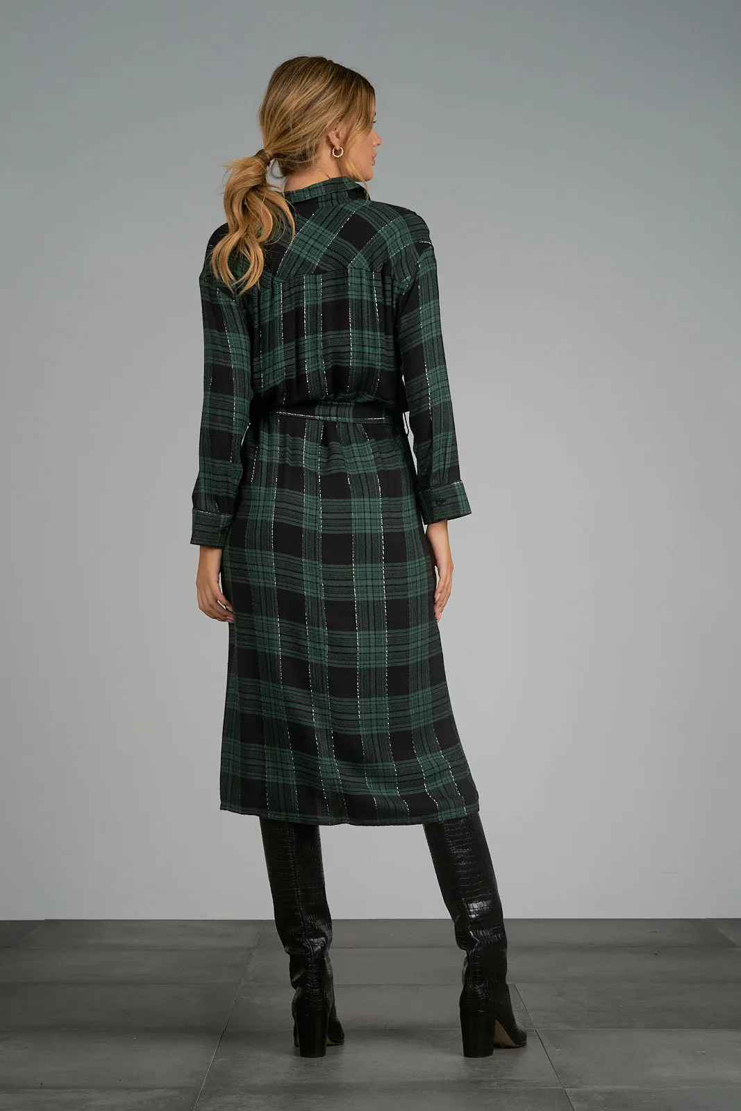 Elan Black Green Plaid Button Down Dress