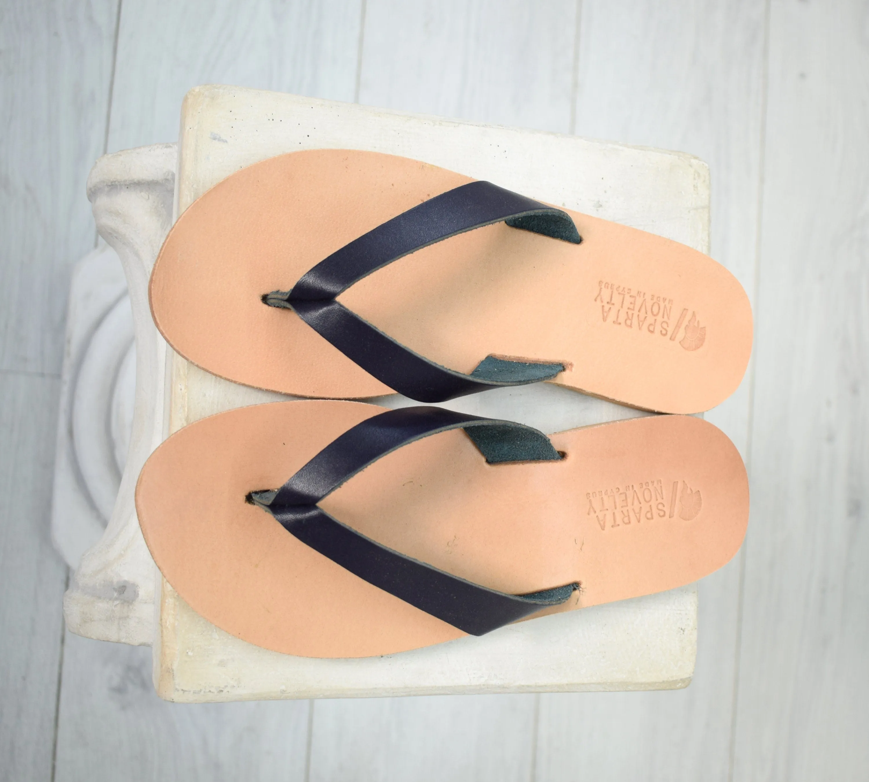 Flip flop Greek Leather sandals - slipers Men, Thongs Blue Color, leather sole - insole