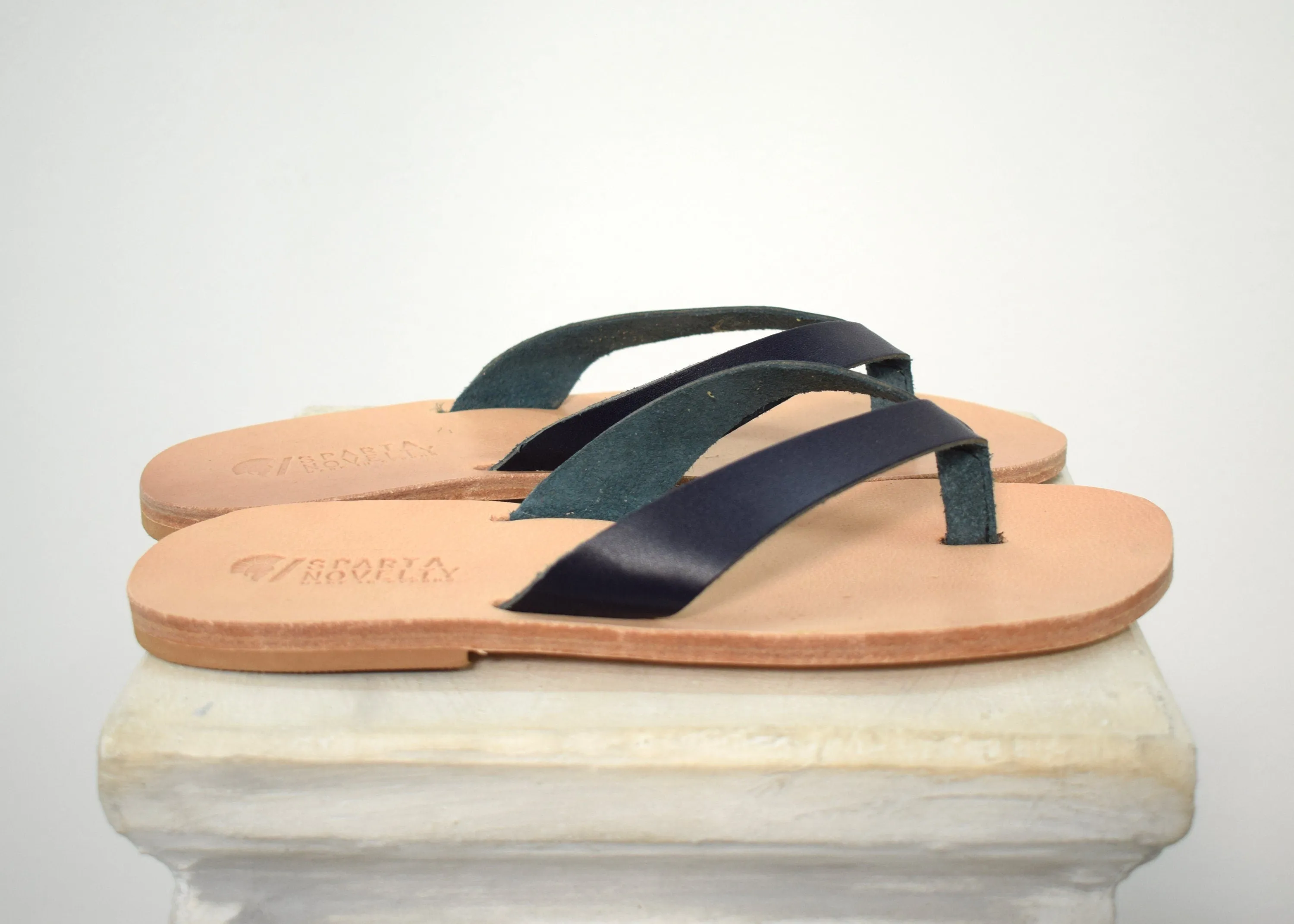 Flip flop Greek Leather sandals - slipers Men, Thongs Blue Color, leather sole - insole