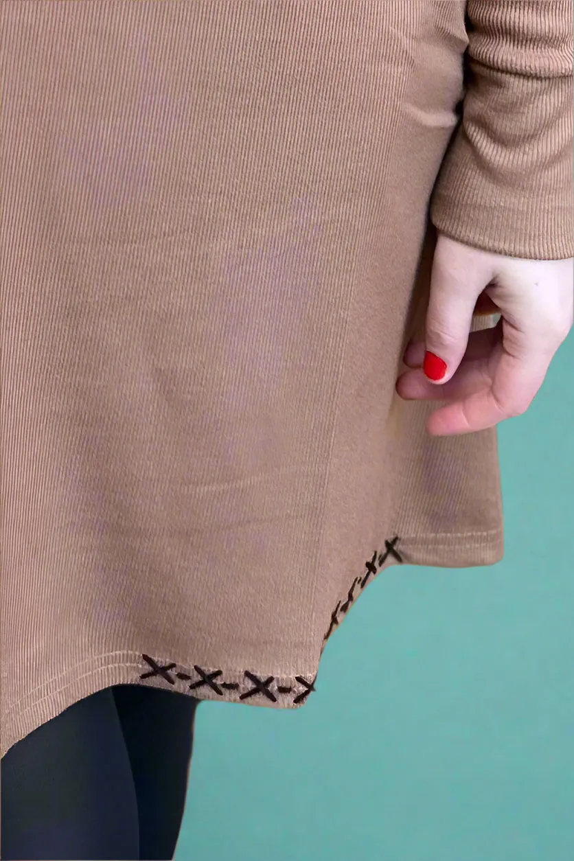 Hand Stitch Detail Mock Neck Dress - Mocha