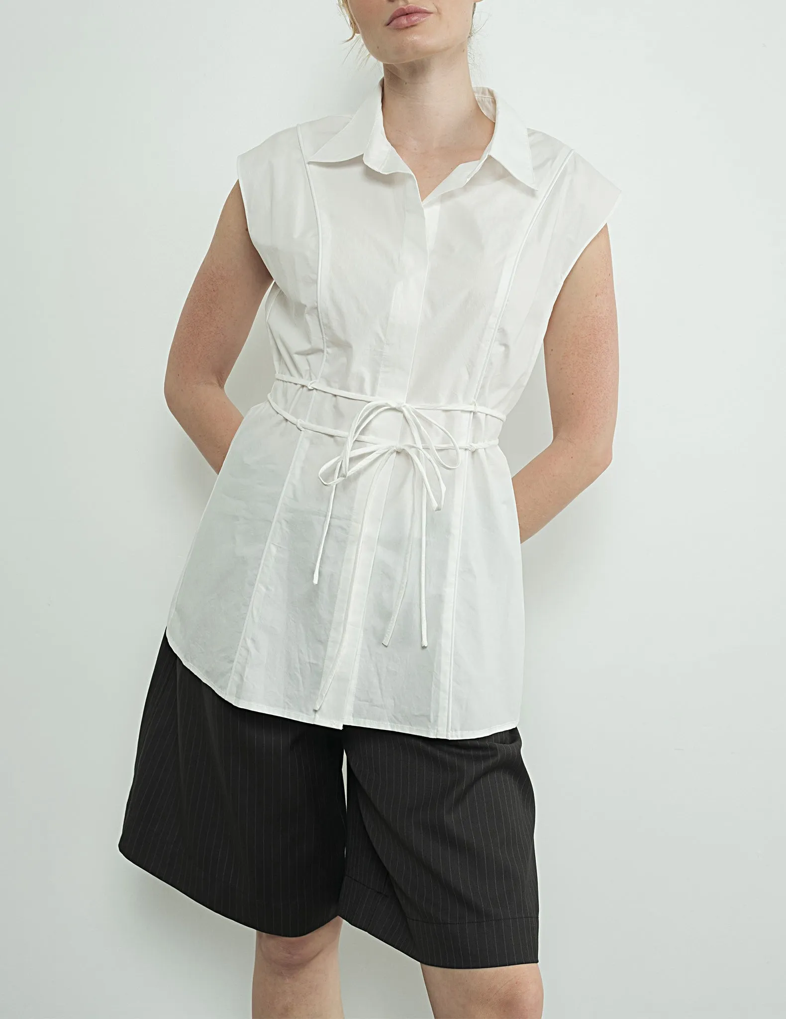 Ilona Belted Sleeveless Button Up Shirt