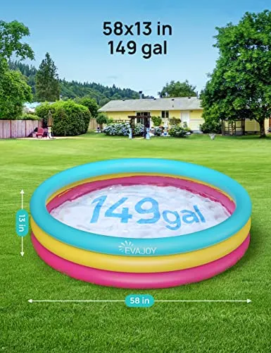 Inflatable Kiddie Pool, Evajoy 58'' x 13'' Ground Swimming Pool for Kids,Large Dog Pool Children Family Kid Toddler Pool, 3 Rings Baby Pool Center for Backyard and Garden
