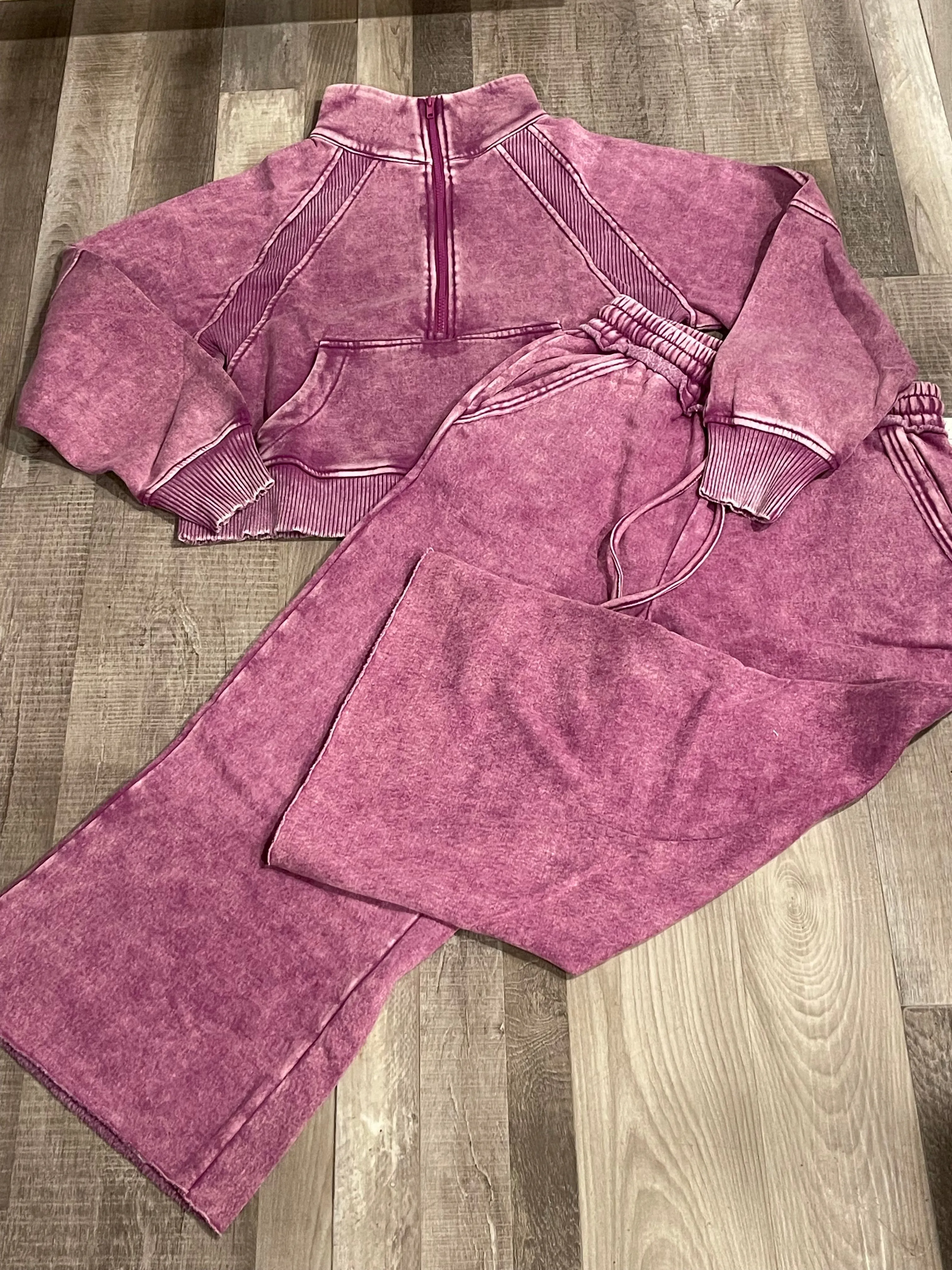 Light Plum Acid Wash Fleece Palazzo Sweatpants