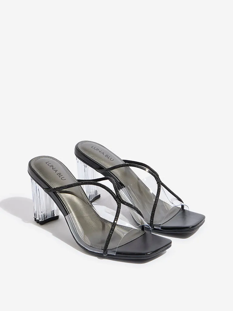 LUNA BLU Black Diamante Embellished Vinyl Heel Sandals