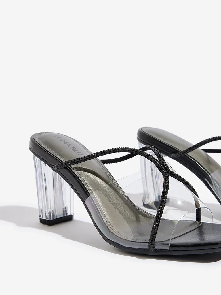 LUNA BLU Black Diamante Embellished Vinyl Heel Sandals