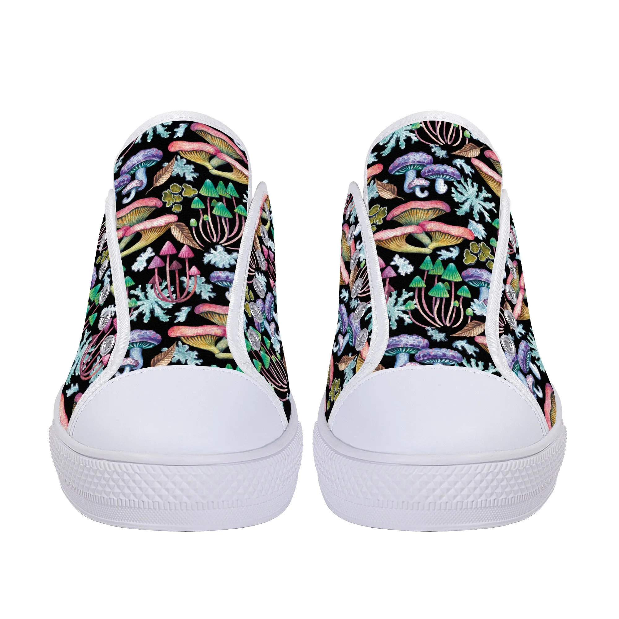 Psychedelic Mushroom Garden on Black Canvas Sneakers