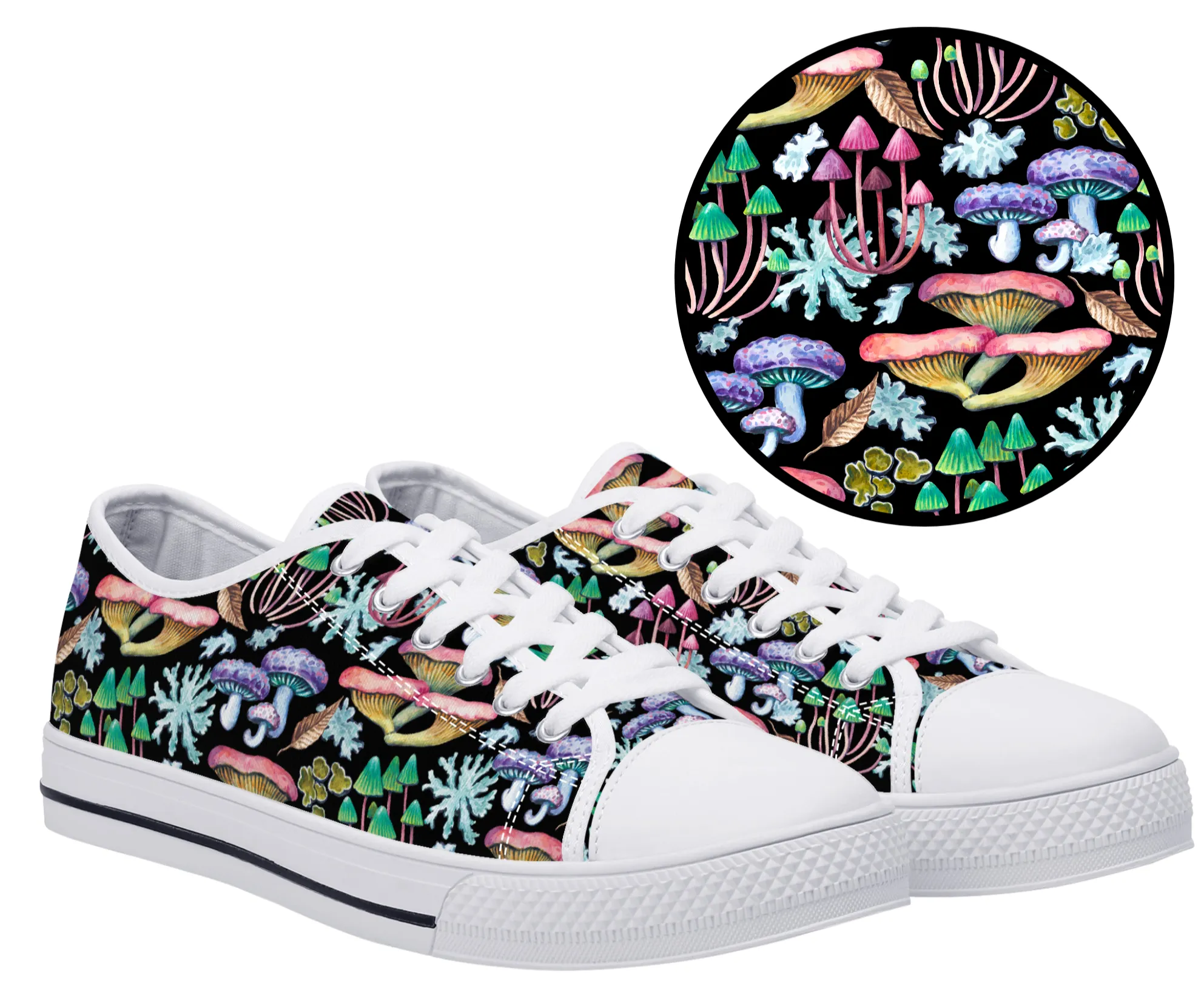 Psychedelic Mushroom Garden on Black Canvas Sneakers