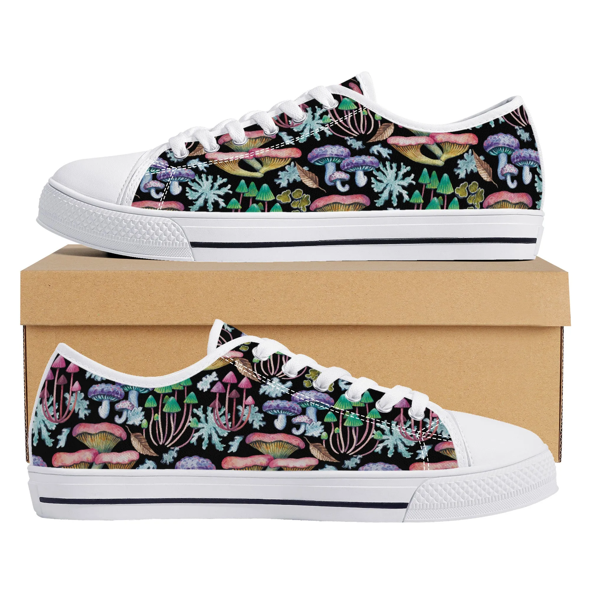 Psychedelic Mushroom Garden on Black Canvas Sneakers