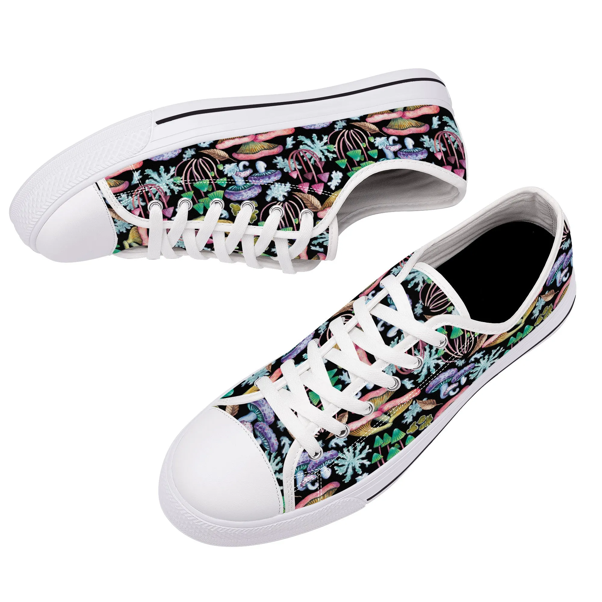 Psychedelic Mushroom Garden on Black Canvas Sneakers
