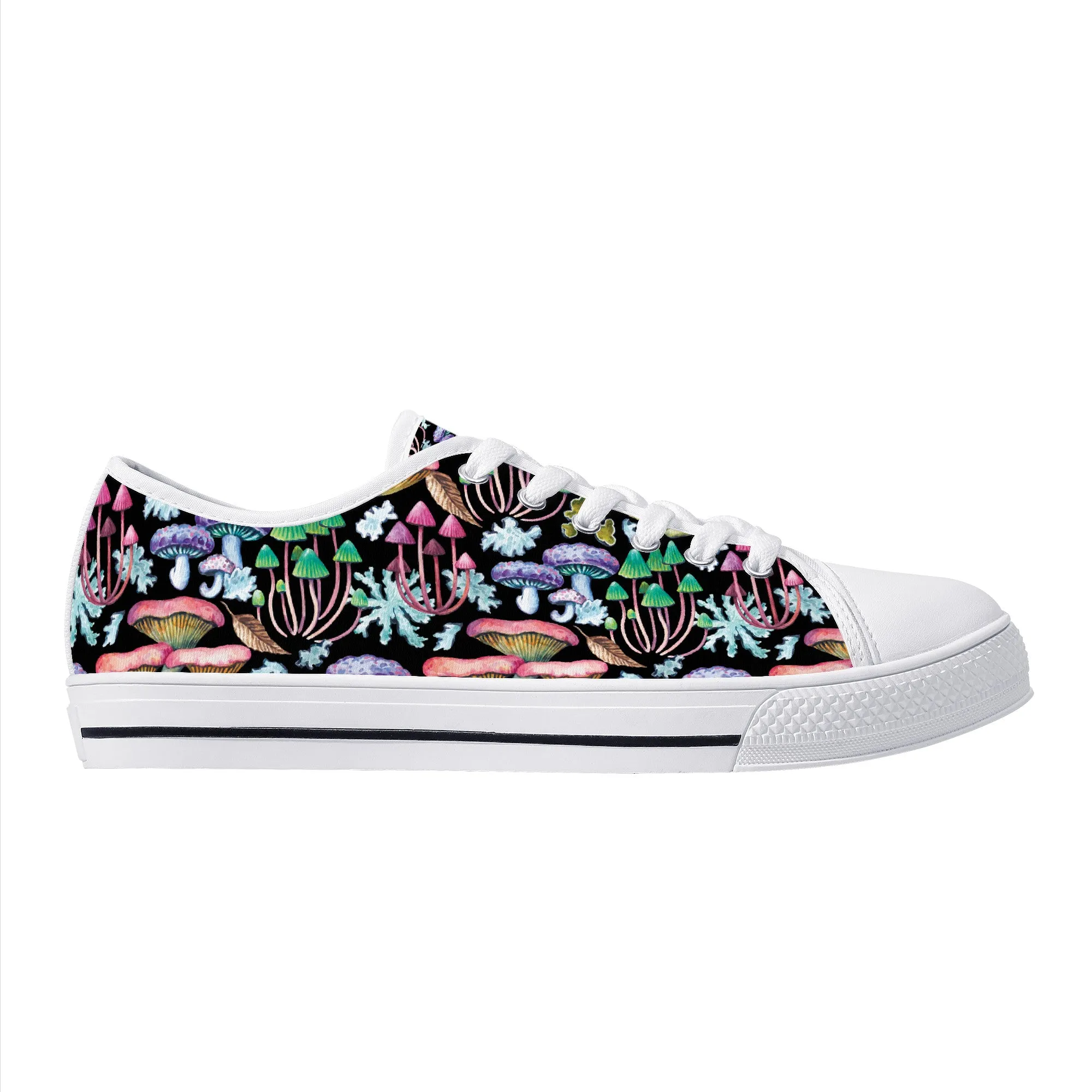 Psychedelic Mushroom Garden on Black Canvas Sneakers