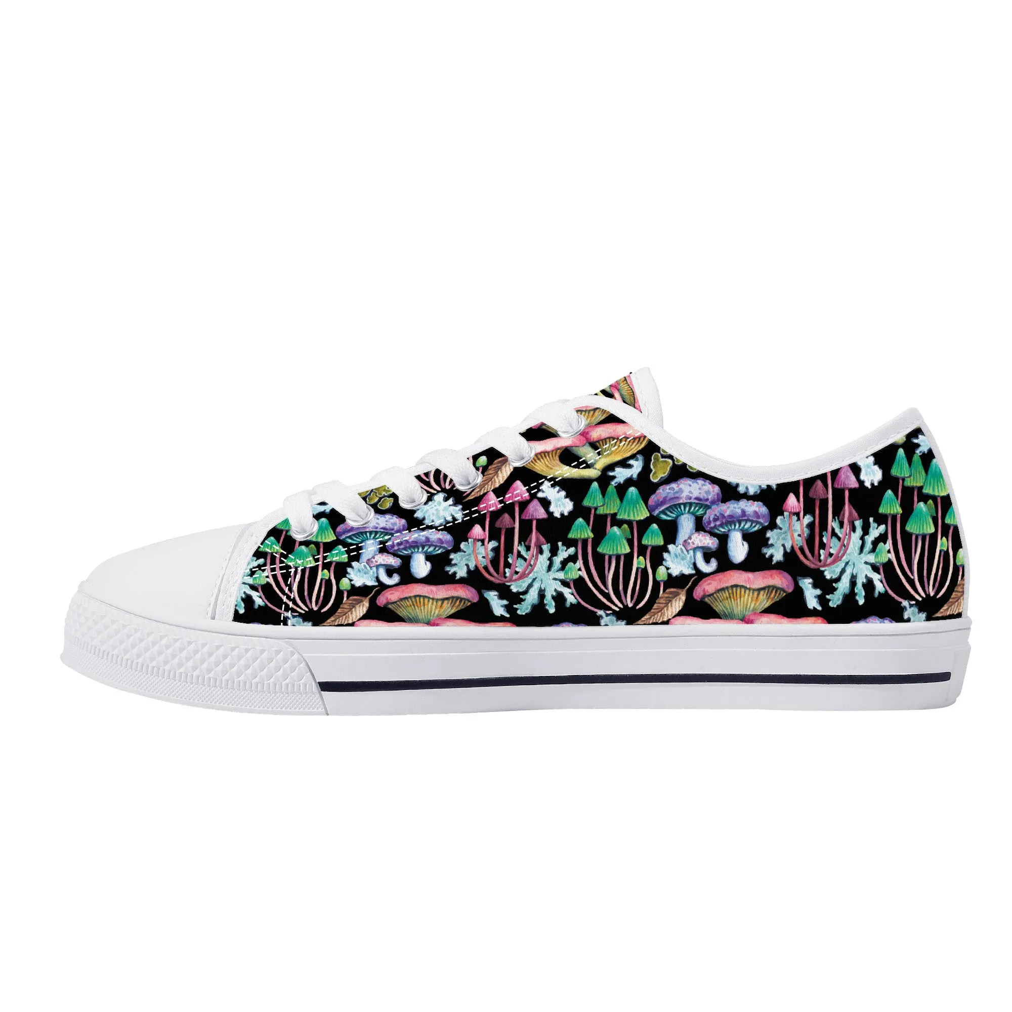 Psychedelic Mushroom Garden on Black Canvas Sneakers