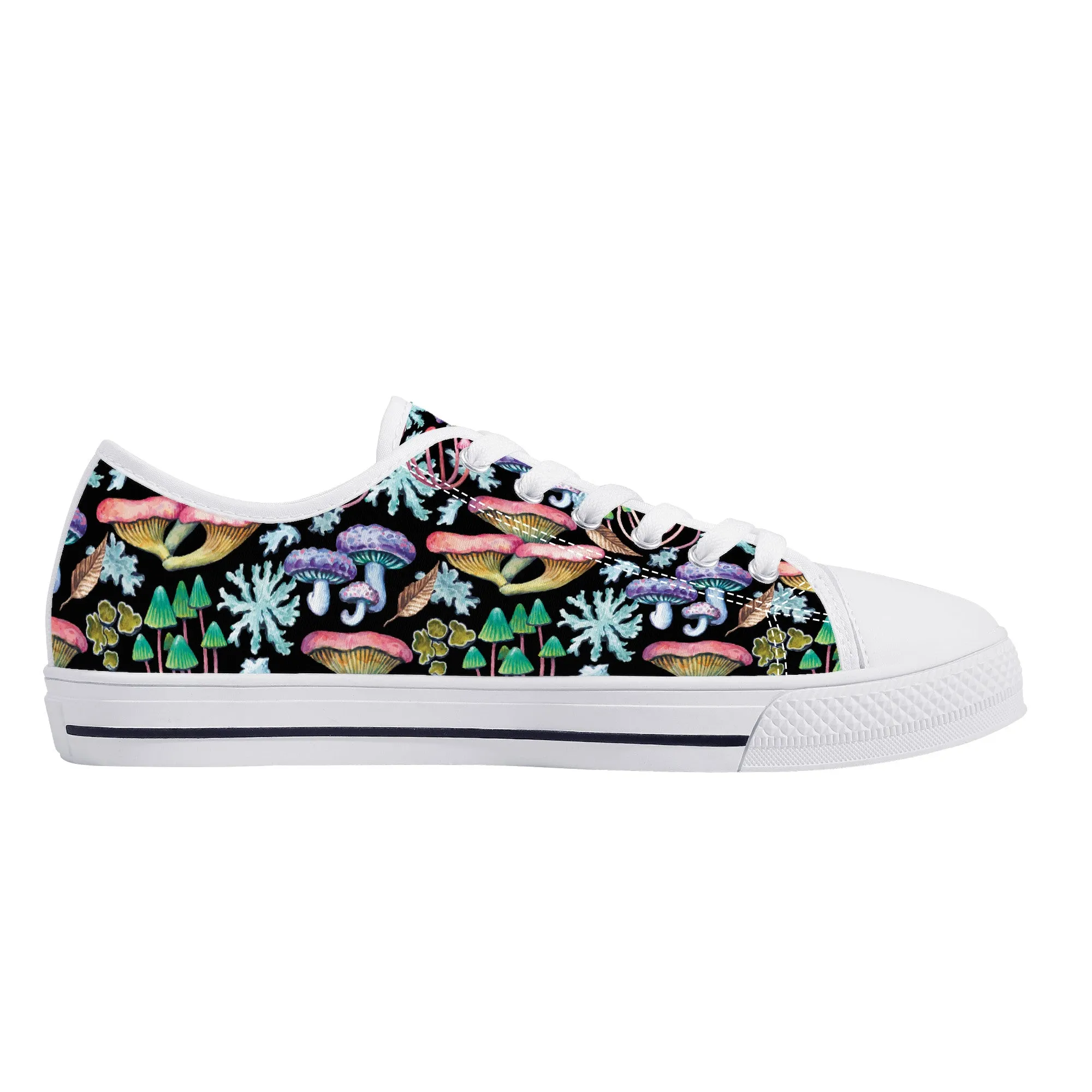 Psychedelic Mushroom Garden on Black Canvas Sneakers