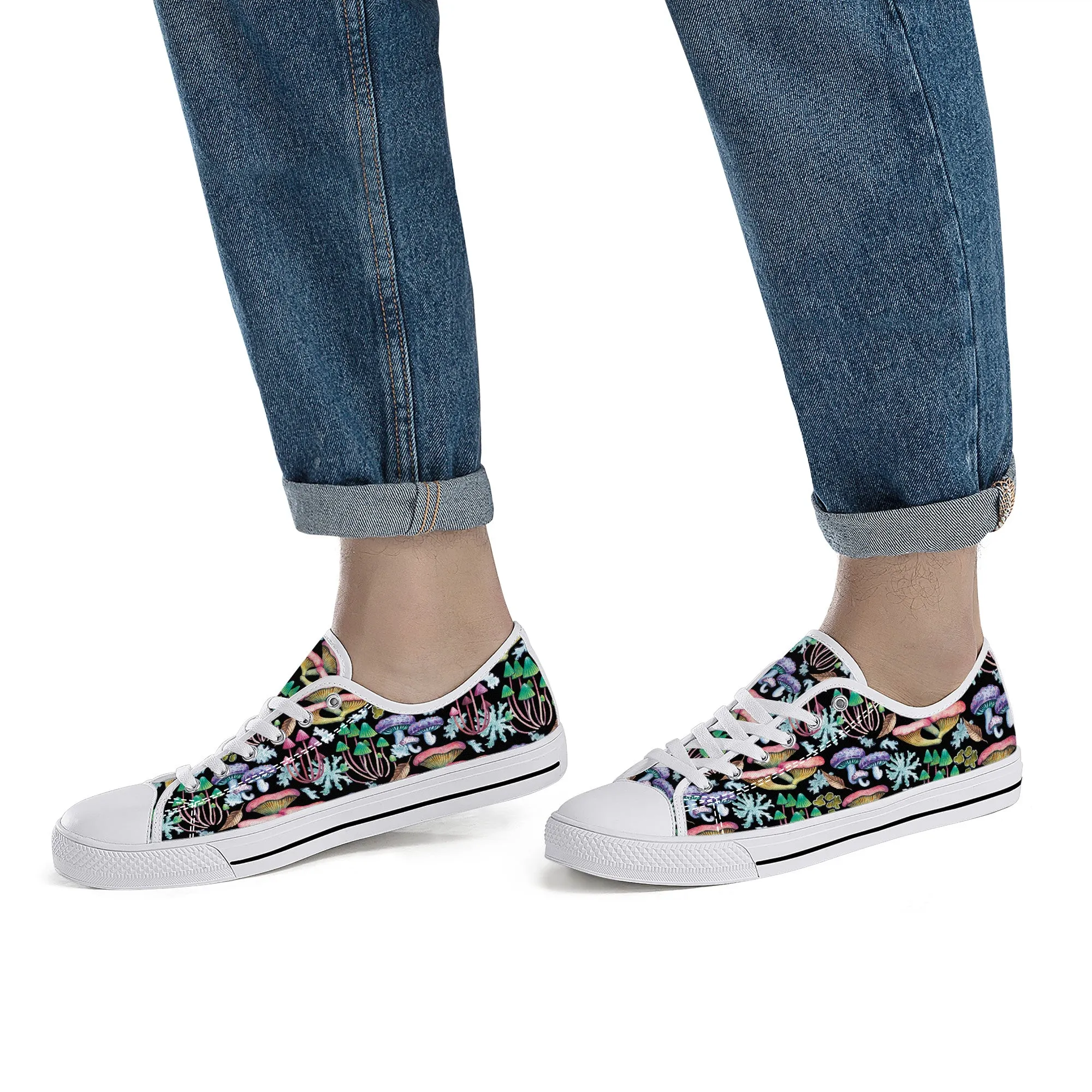 Psychedelic Mushroom Garden on Black Canvas Sneakers