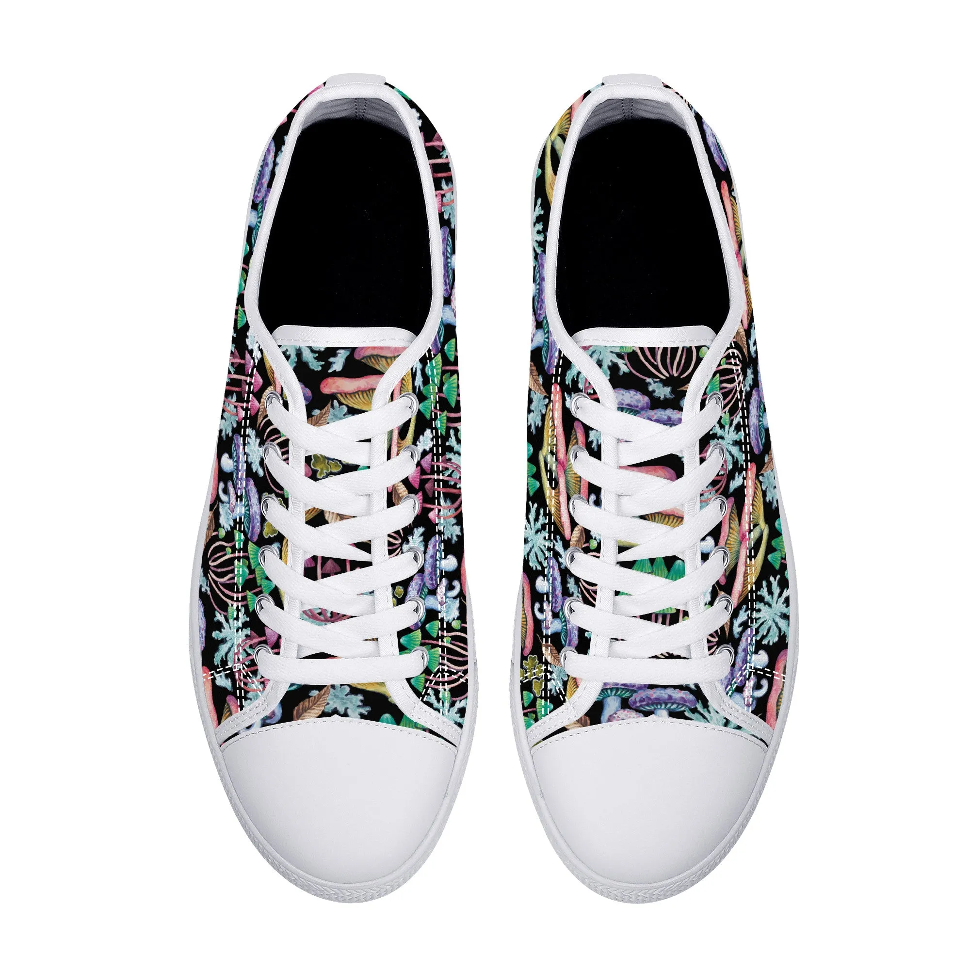 Psychedelic Mushroom Garden on Black Canvas Sneakers