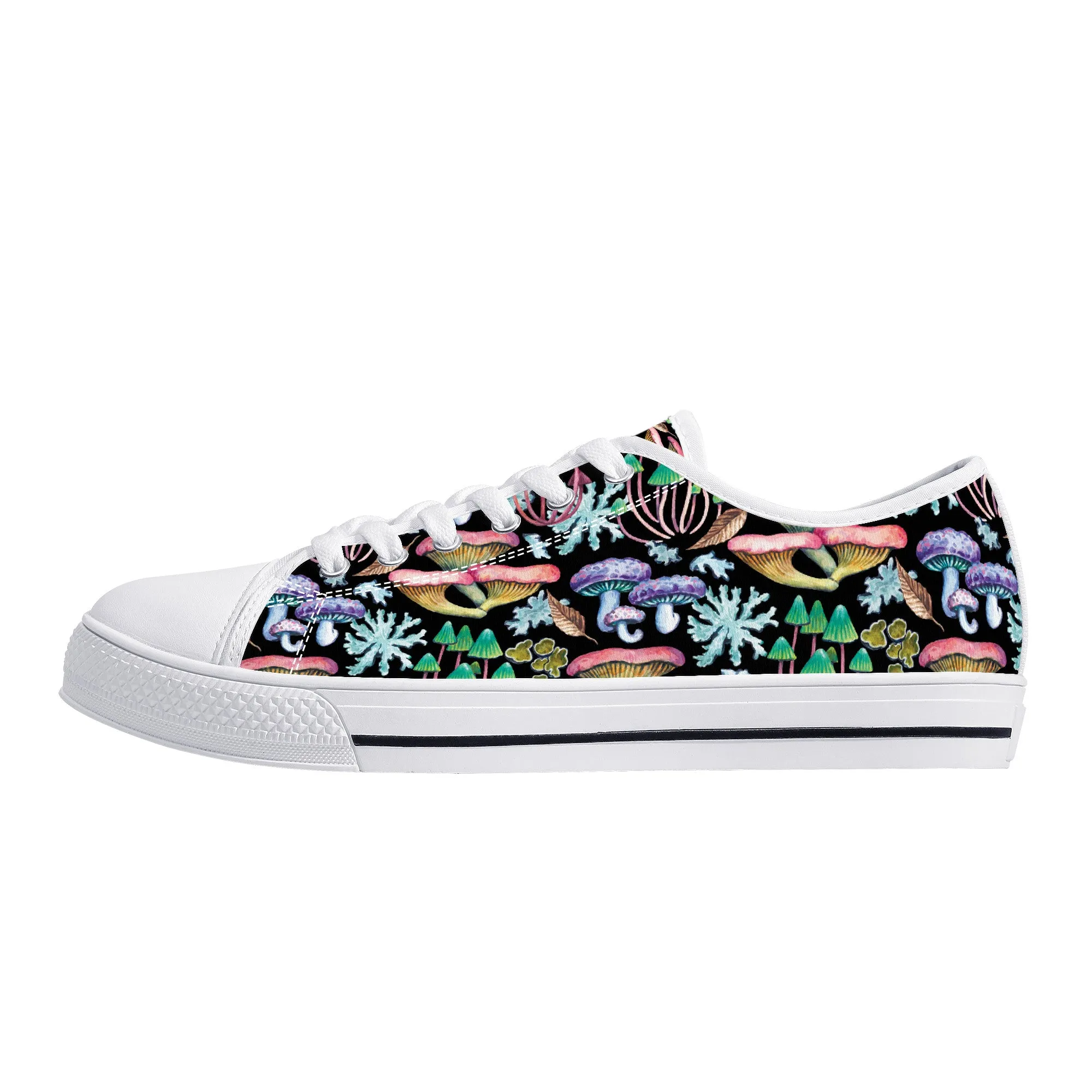 Psychedelic Mushroom Garden on Black Canvas Sneakers