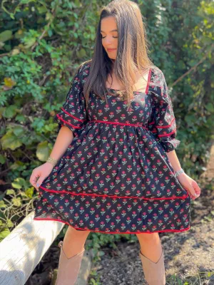 Red Riding Black Rose Print Babydoll Dress