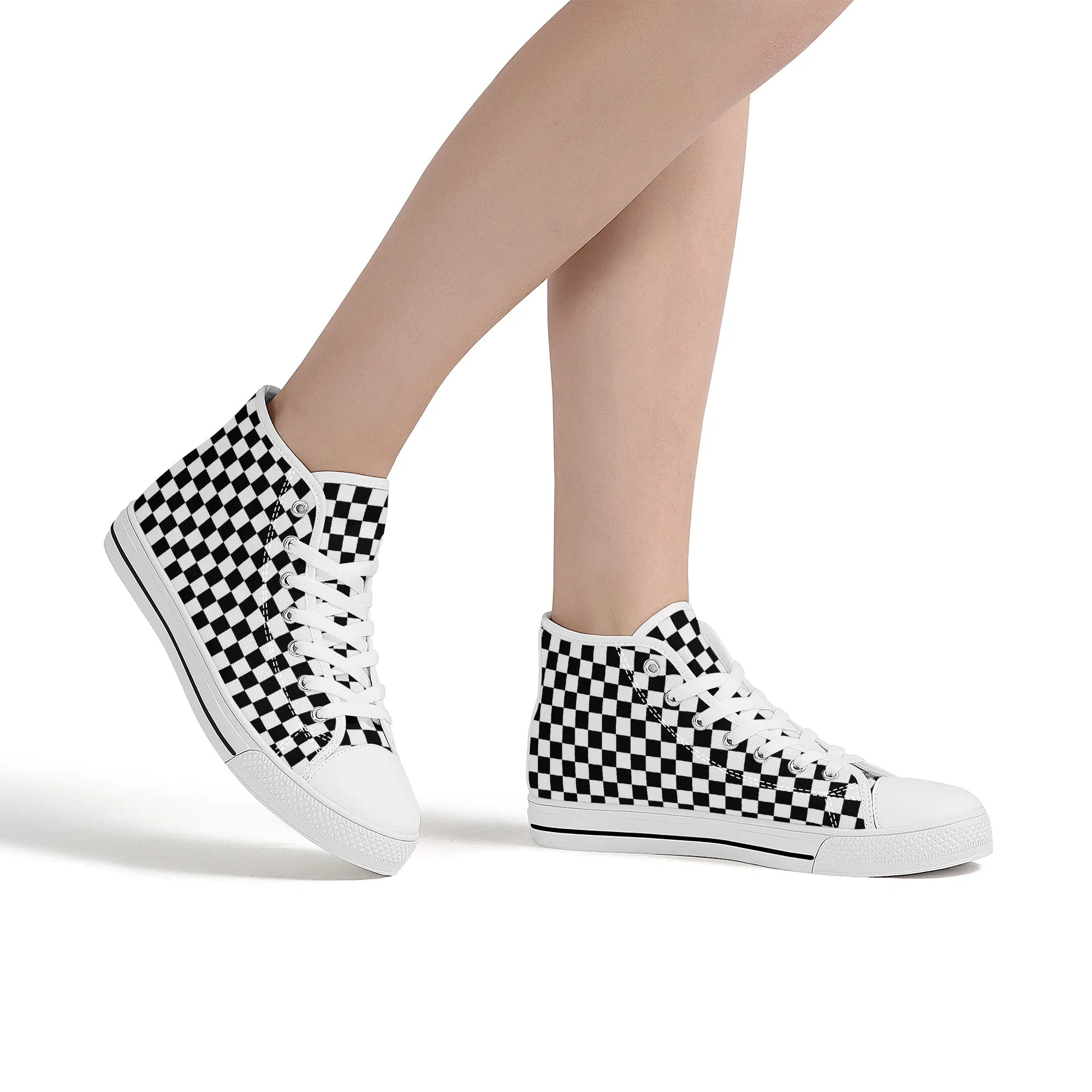 Speedway Style: Checkered Racing Pattern in Black and White Converse Style High Tops