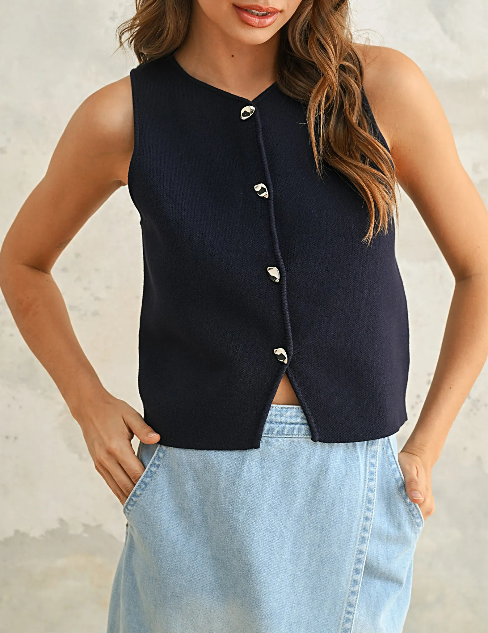 Stacey Buttoned Navy Knit Vest