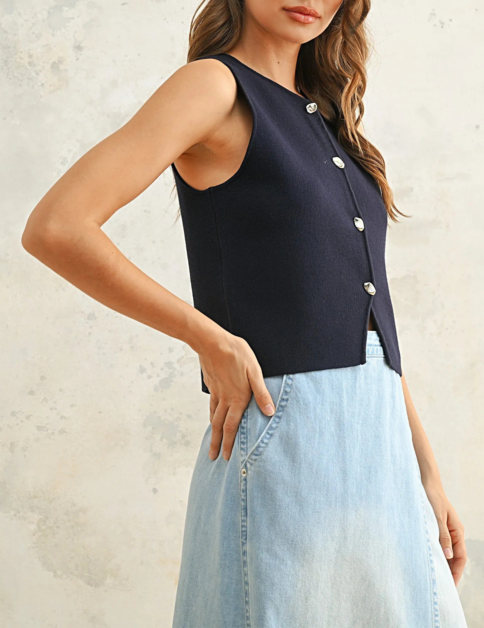 Stacey Buttoned Navy Knit Vest