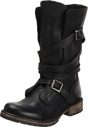 Steve Madden Banddit Easy Pull-On Rounded Toe Buckle Closure Boots Black Leather