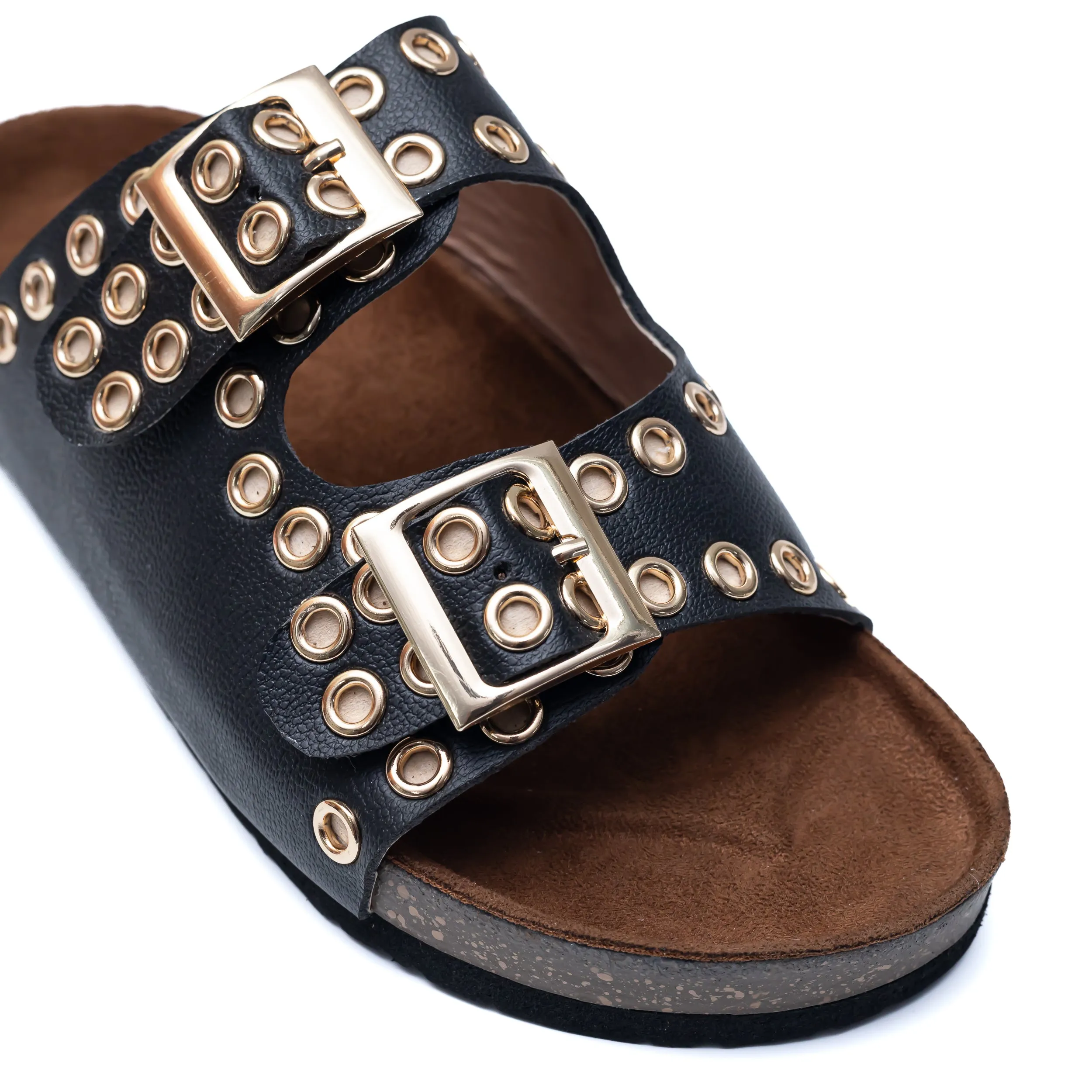 Studded Buckle Strap Sliders - Black