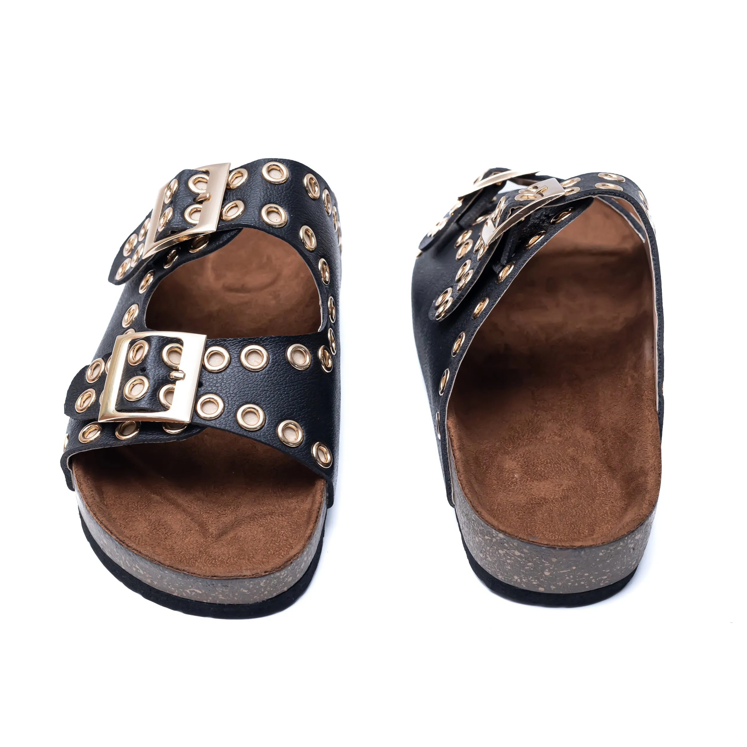 Studded Buckle Strap Sliders - Black