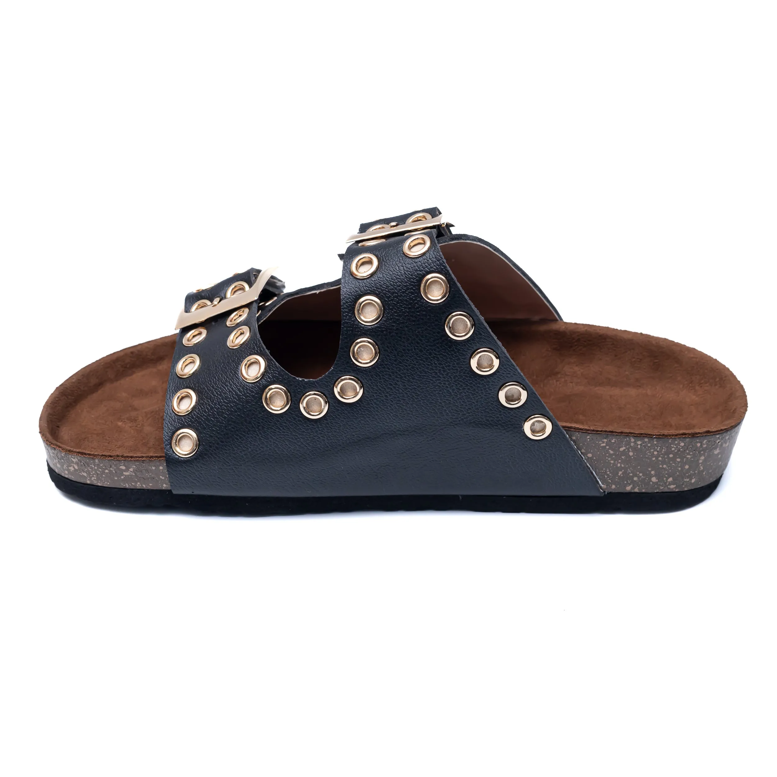 Studded Buckle Strap Sliders - Black