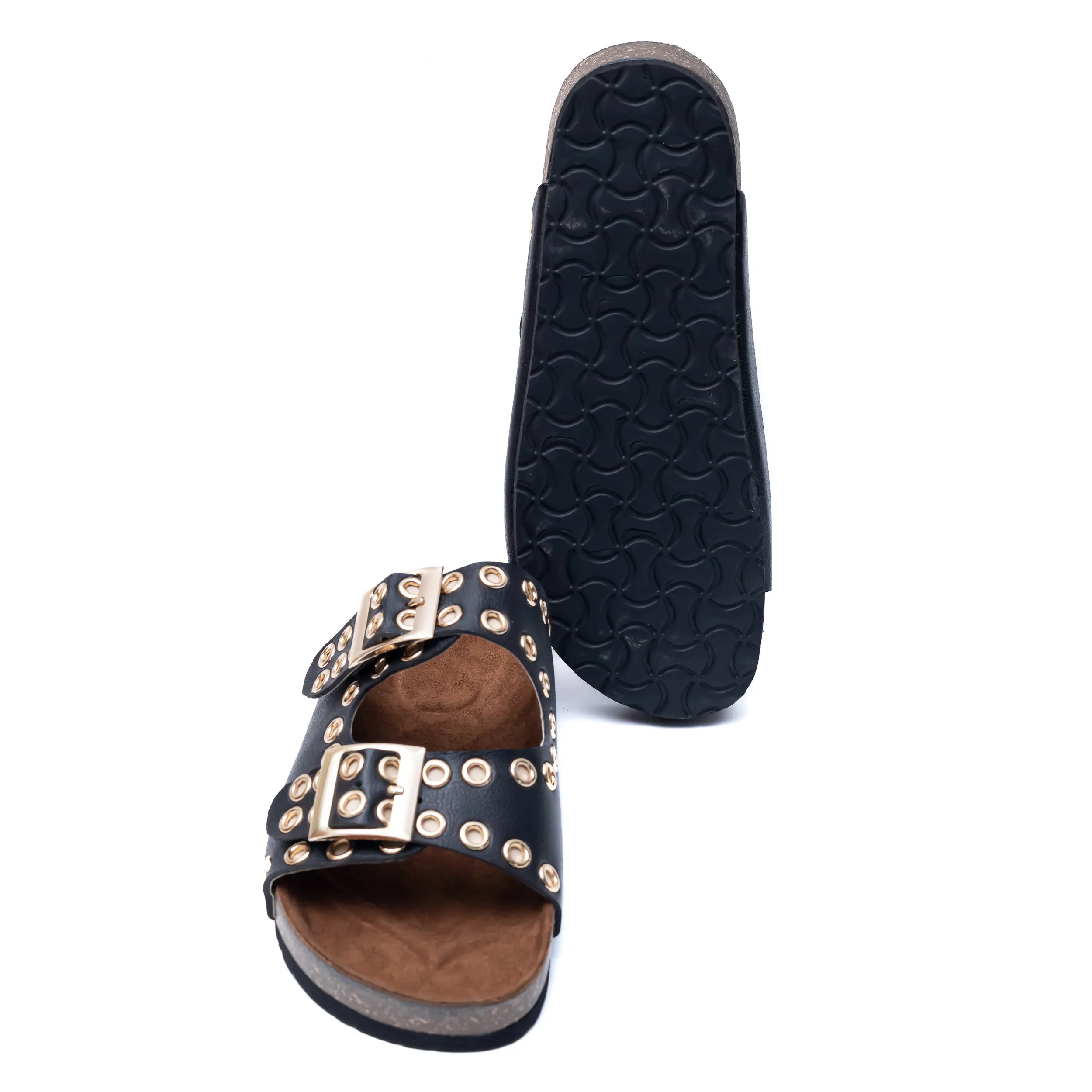 Studded Buckle Strap Sliders - Black