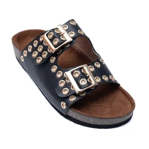 Studded Buckle Strap Sliders - Black