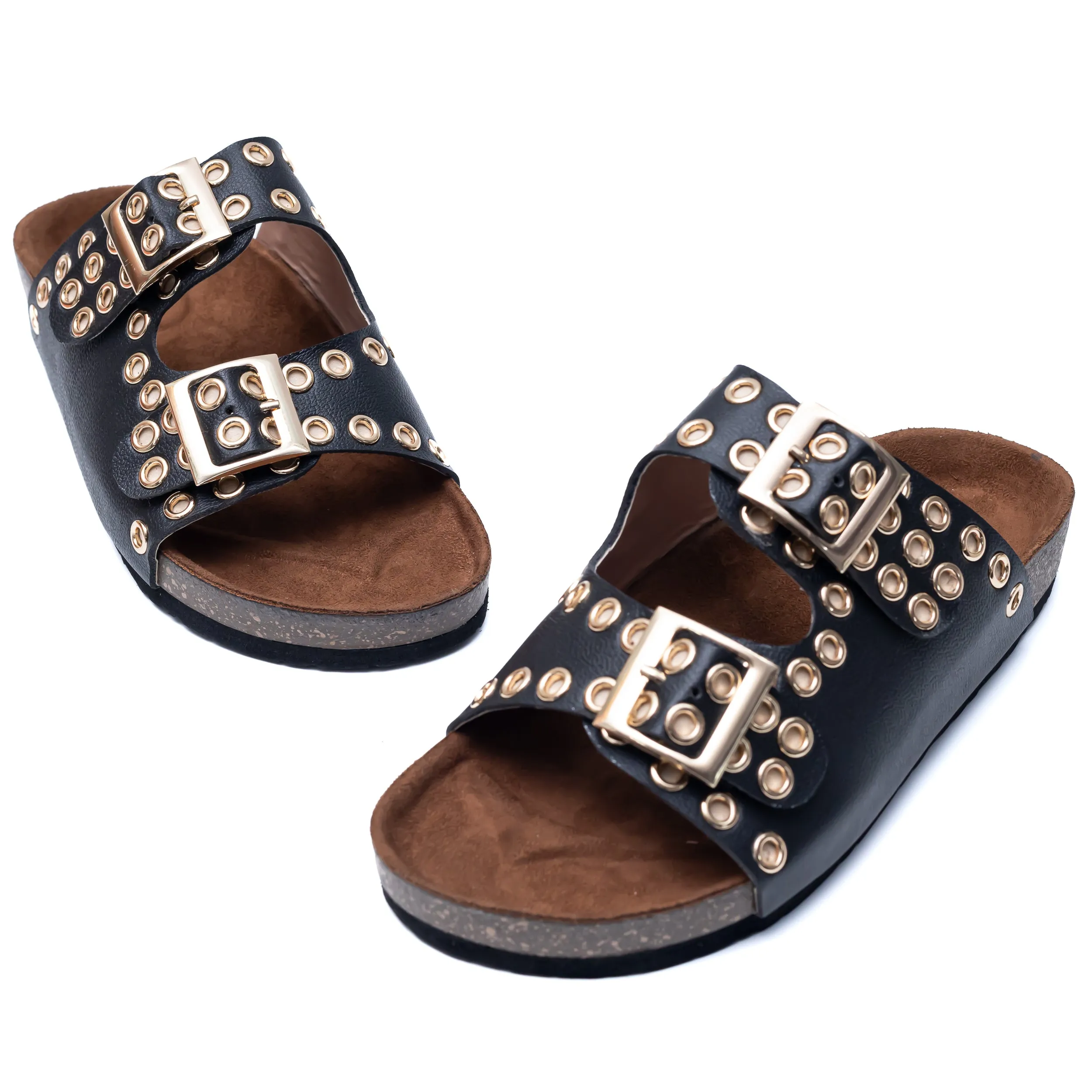 Studded Buckle Strap Sliders - Black