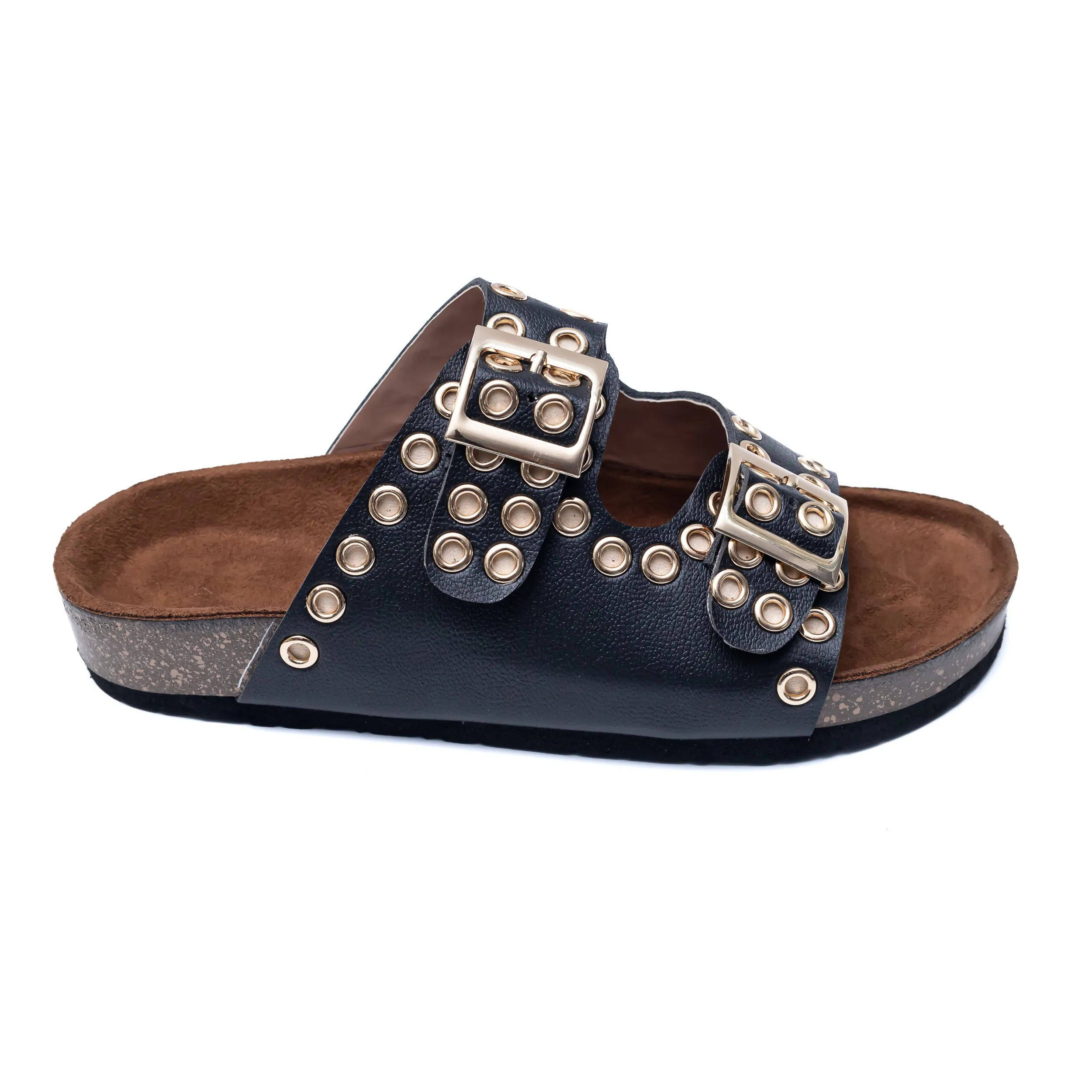 Studded Buckle Strap Sliders - Black